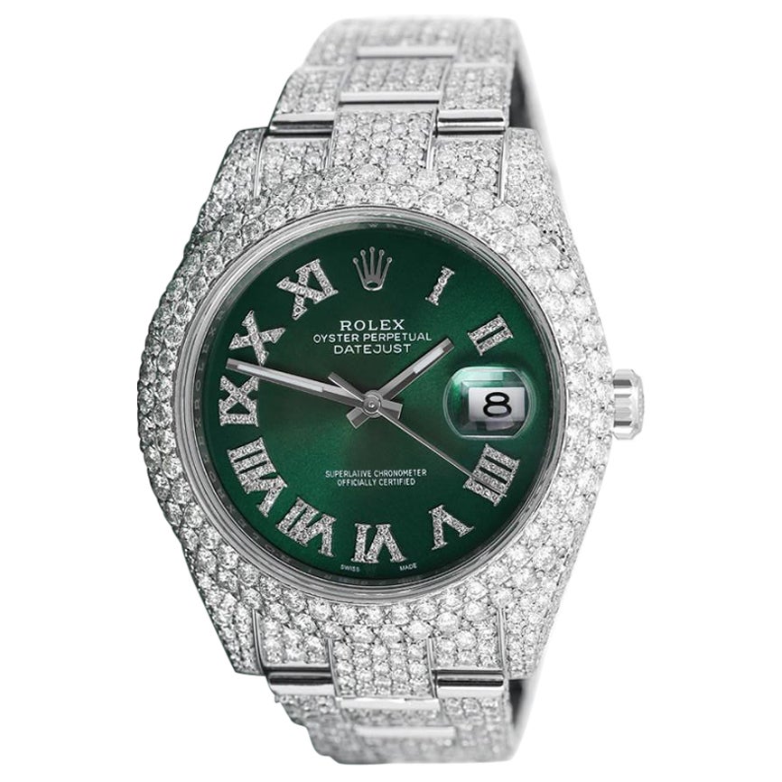 Rolex Mens Datejust II Stainless Steel Green Roman Diamond Dial Full Custom For Sale
