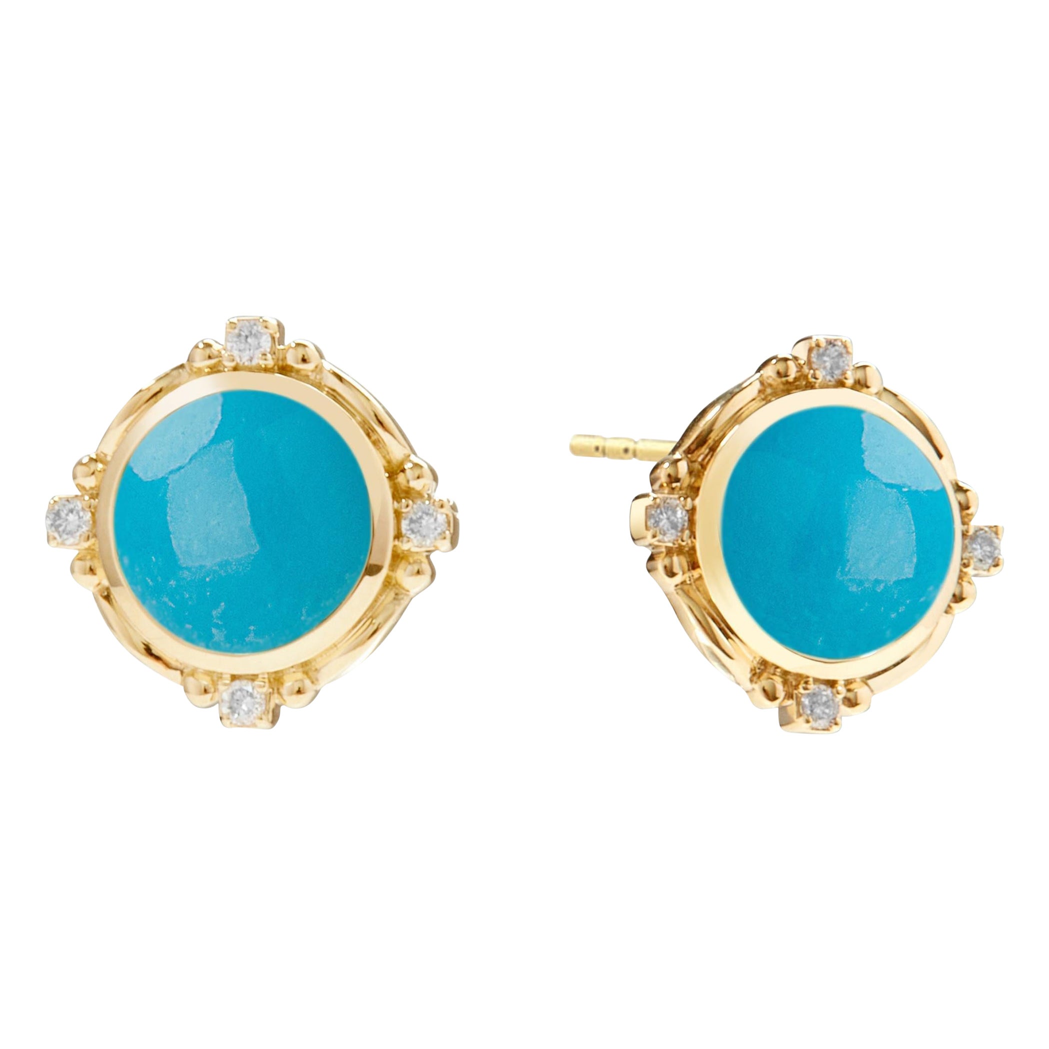 Syna Yellow Gold Sleeping Beauty Turquoise Earrings with Diamonds