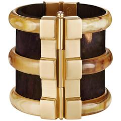 Fouche Diana Vreeland Horn Emerald Ruby Wood Gold Cuff Bracelet