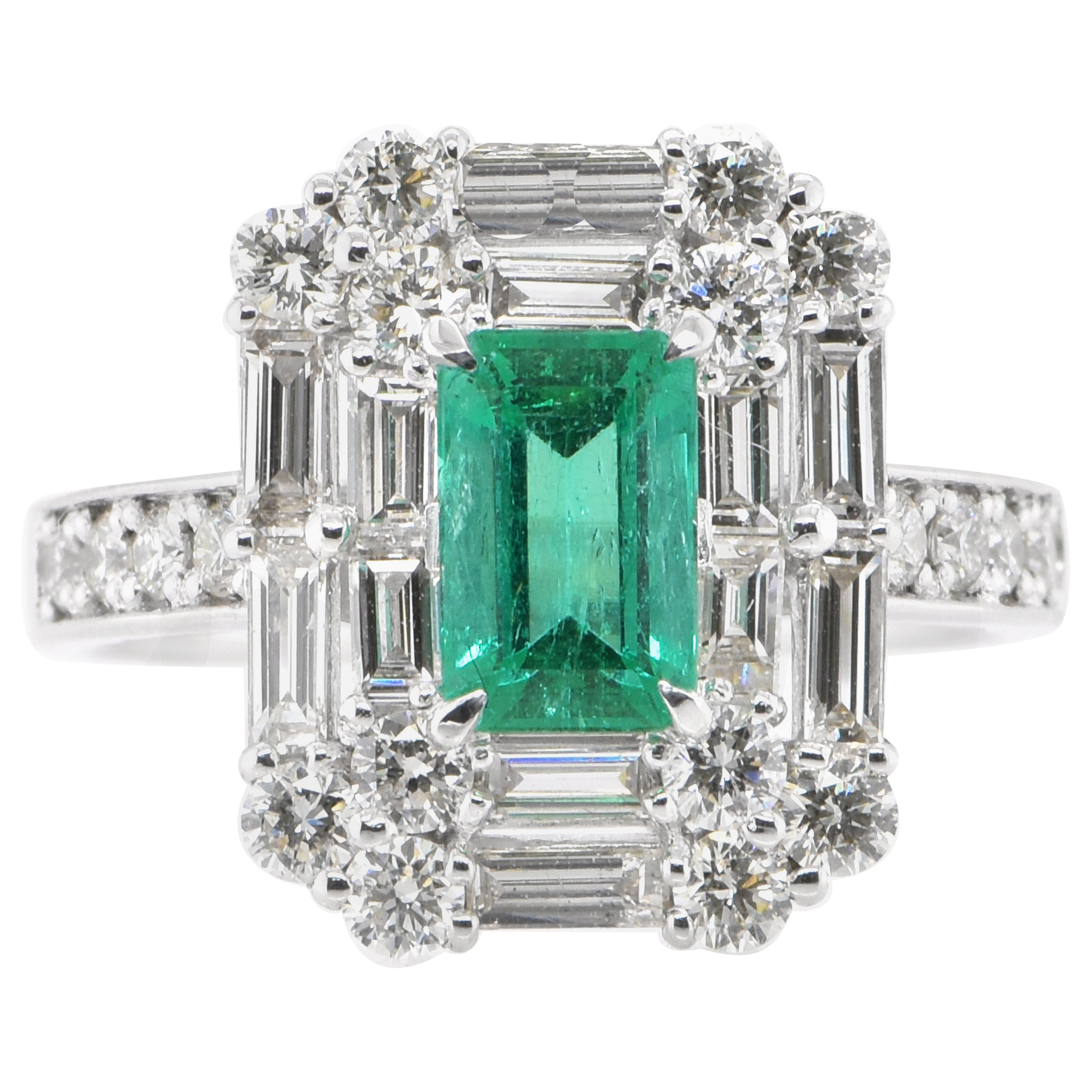 1.00 Carat Natural Emerald and Diamond Halo Cocktail Ring Set in Platinum