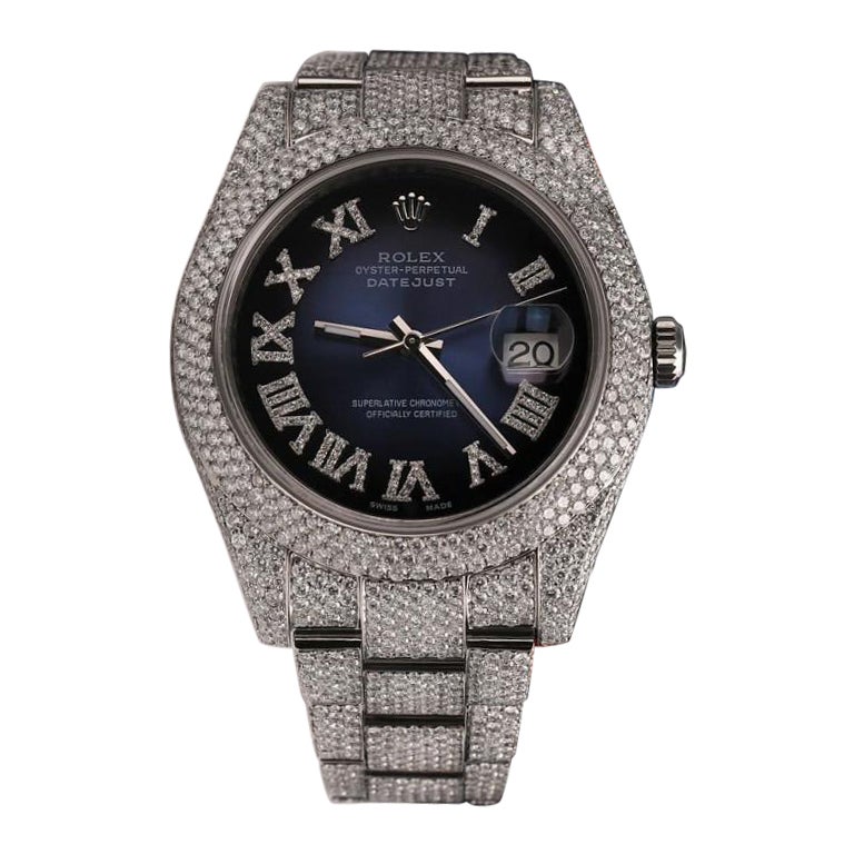 Rolex Mens Datejust II 116300 Blue Vignette Fully Iced Out Watch For Sale