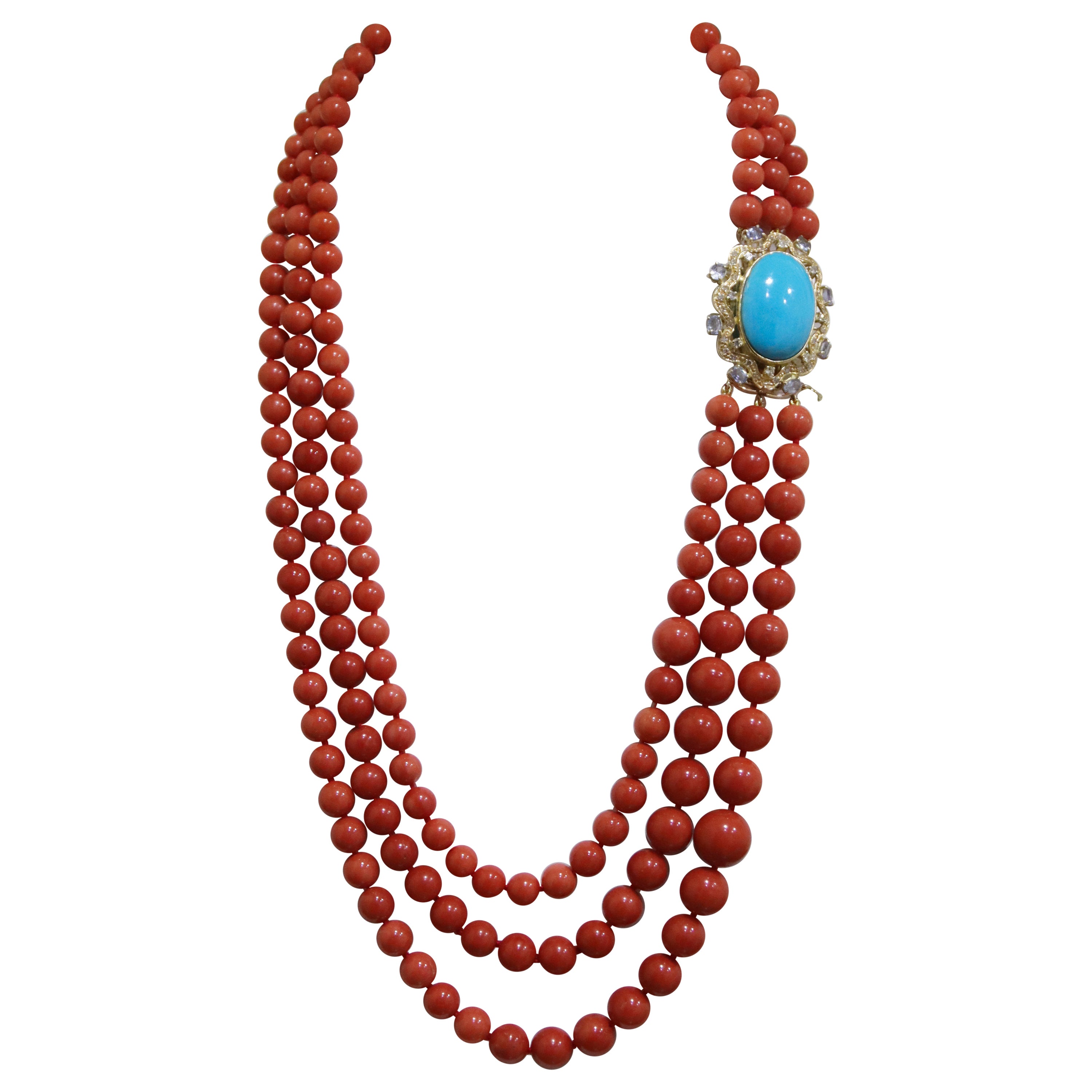 Coral Diamonds Sapphires Turquoise 18 Karat Yellow Gold Beaded Necklace For Sale