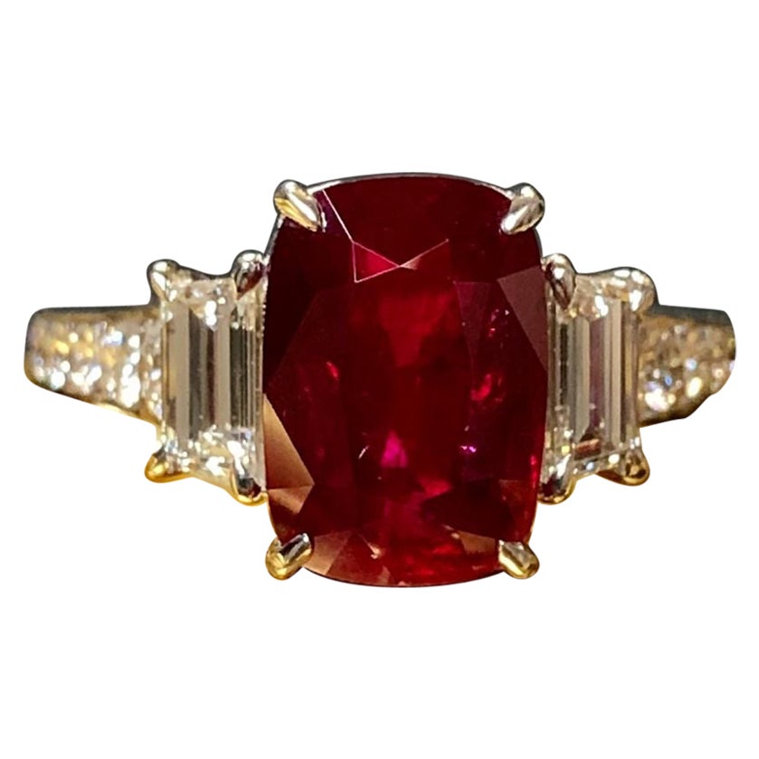 Impressive 5.04ct Cushion Cut GRS Vivid Red Ruby 3-Stone Diamond Ring 