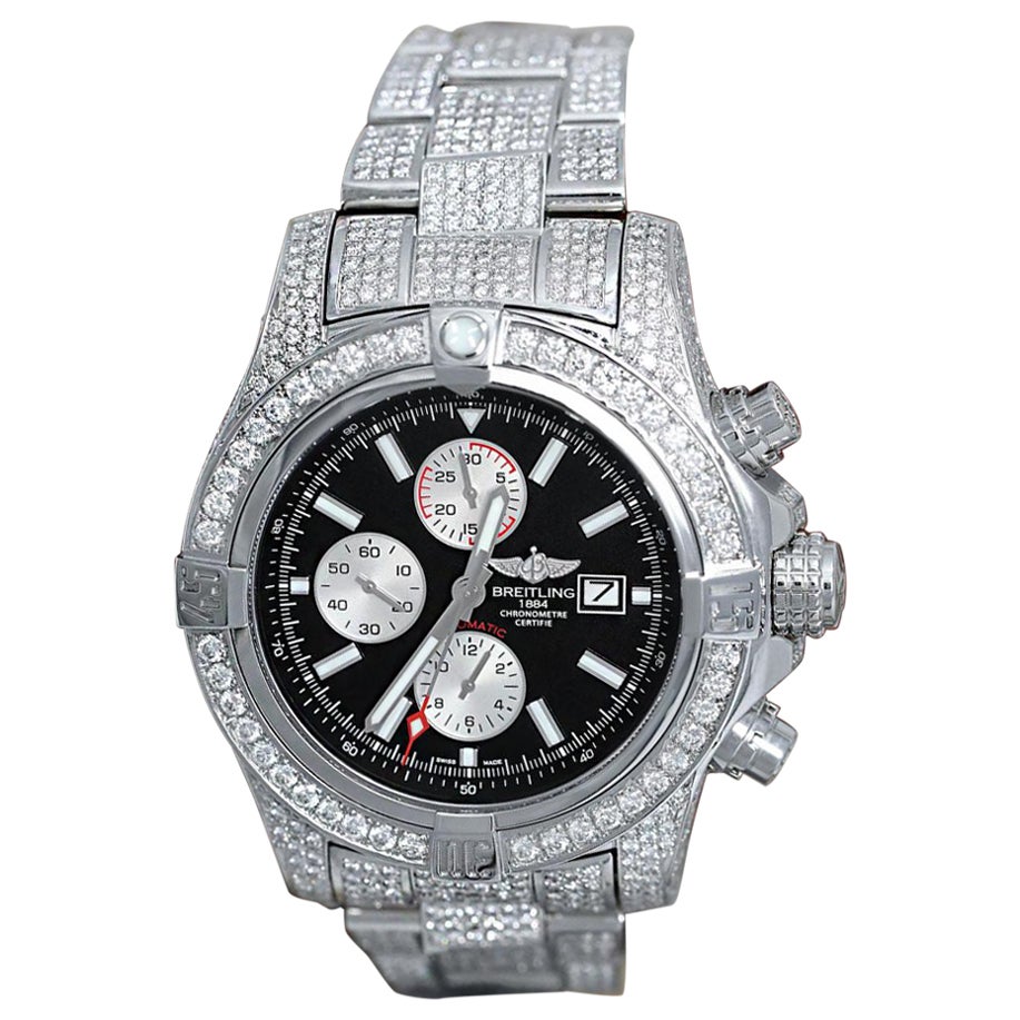 Breitling Super Avenger II Chronograph Black Dial Fully Iced Out Watch A13371 For Sale
