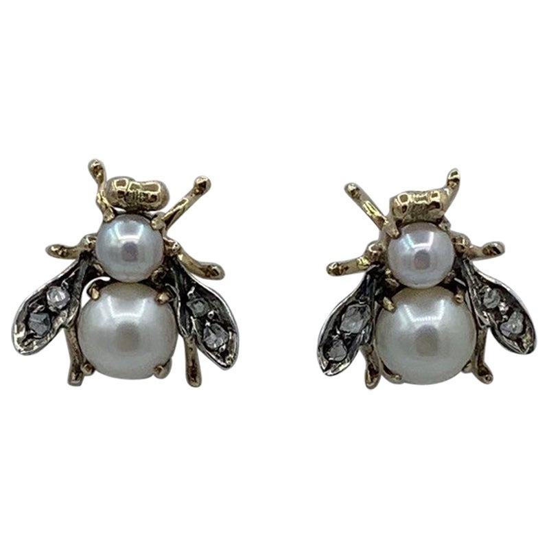 Rose Cut Diamond Pearl Fly Insect Bug Earrings Victorian Antique 14 Karat Gold For Sale