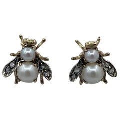 Rose Cut Diamond Pearl Fly Insect Bug Earrings Victorian Antique 14 Karat Gold