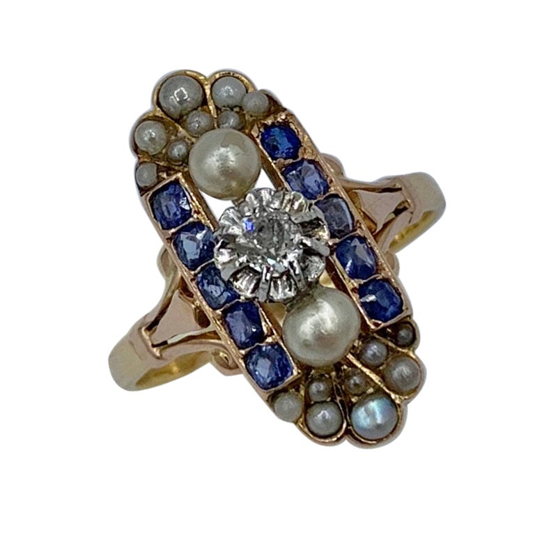 Old Mine Diamond Natural Sapphire Platinum Wedding Engagement Ring Victorian