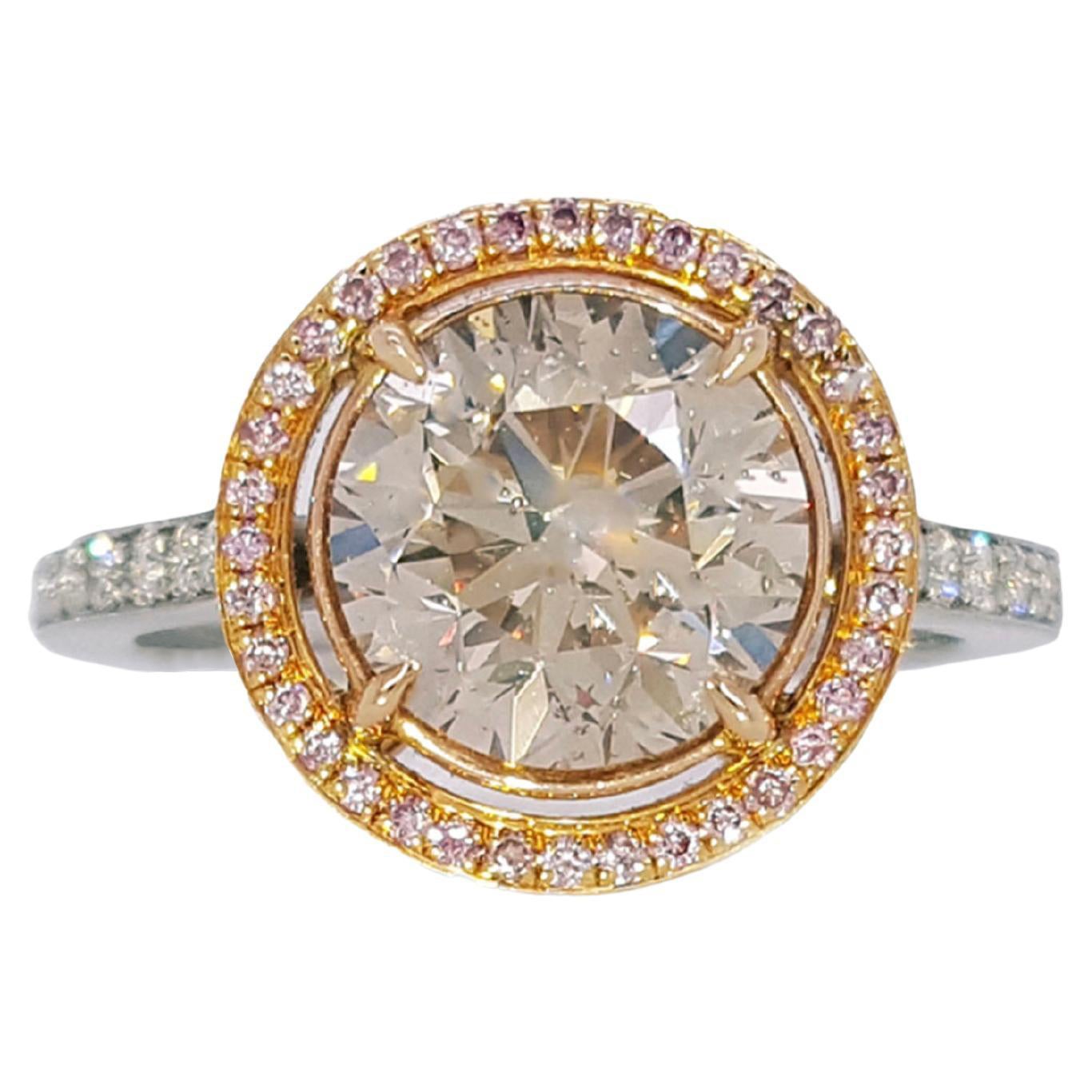 Bague de fiançailles en platine avec diamant brun, rose et blanc de 3,70 carats de taille ronde. en vente