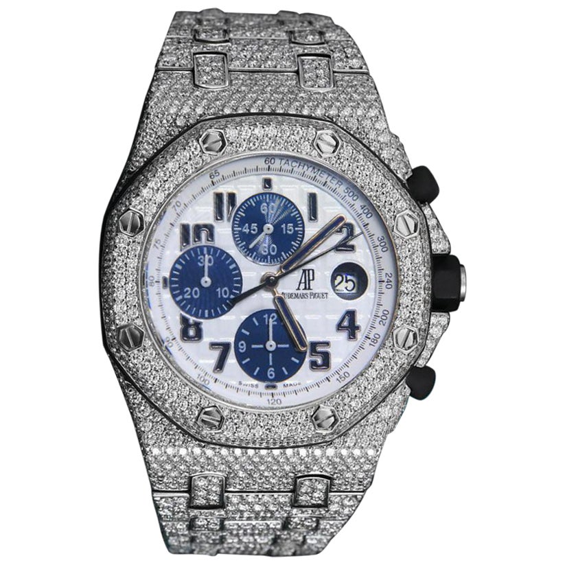 Audemars Piguet Royal Oak Offshore Chronograph White Marina Fully Diamond Watch For Sale