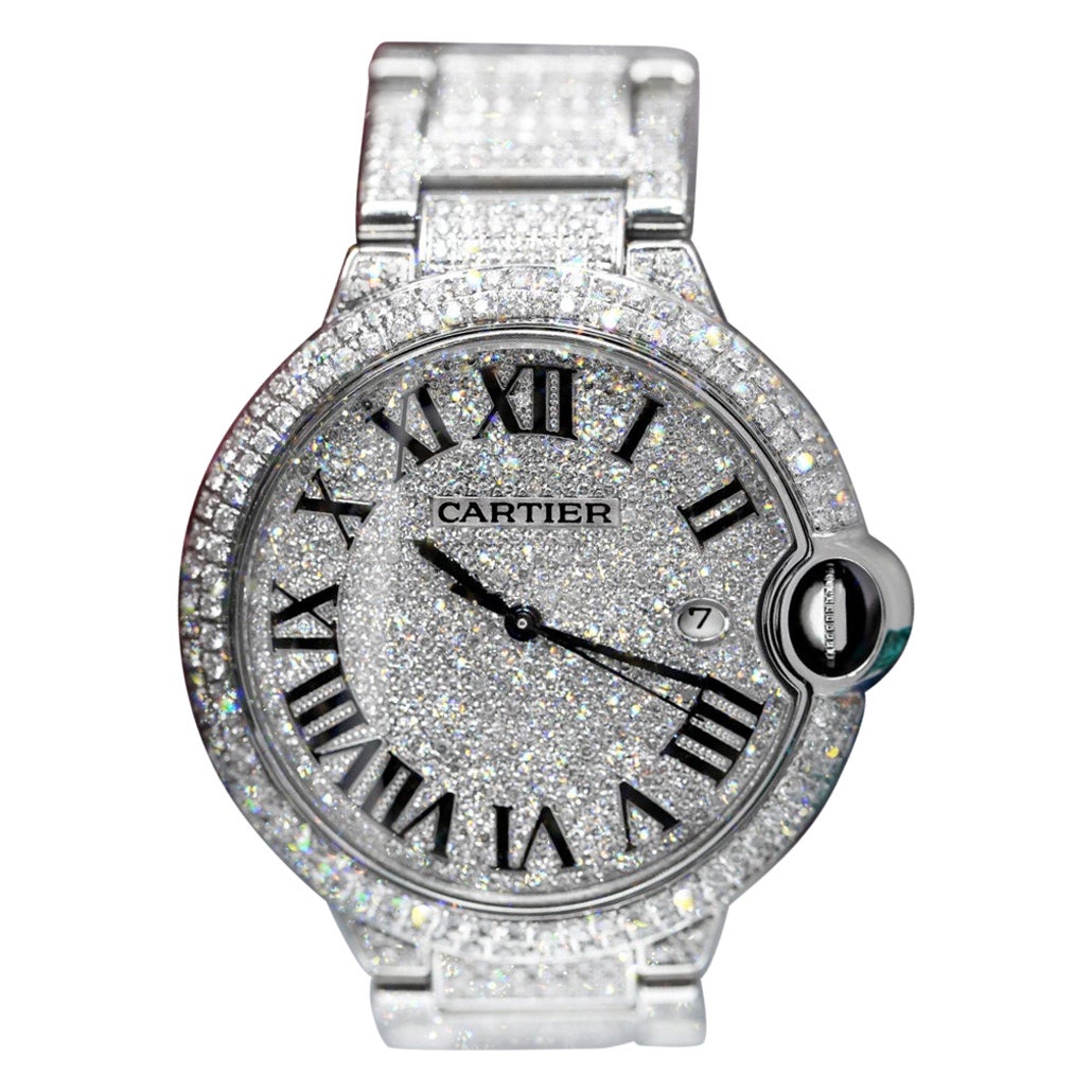 Cartier Ballon Bleu 42mm Stainless Steel Iced Out Watch W69012Z4 For Sale