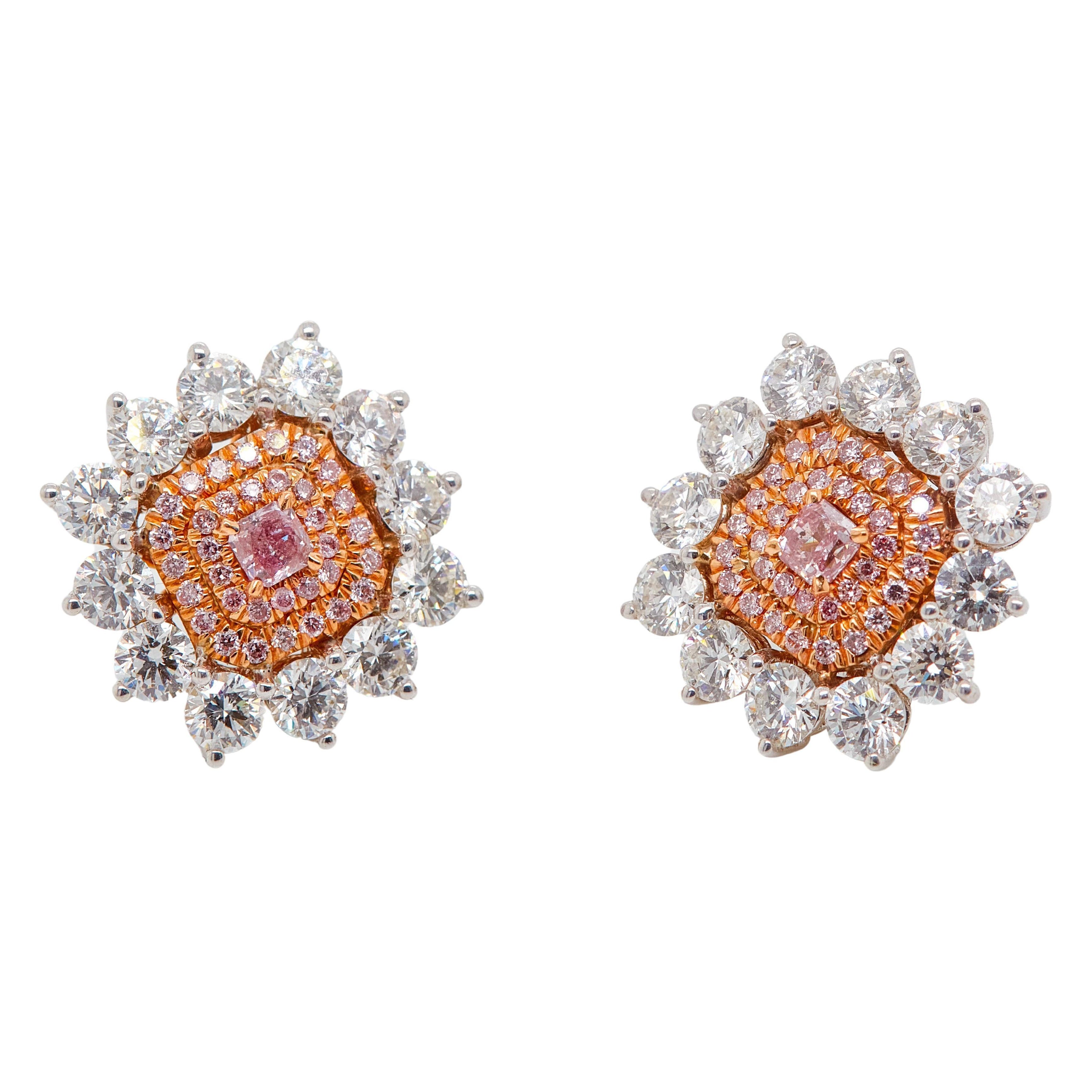 4.33 Carat Fancy Intense Pink and White Diamond Stud Earrings, GIA Certified