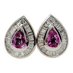 Pear Cut Natural Pink Sapphire and Baguette Diamond Halo Stud Pierced Earrings
