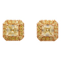 1.45 Carat Asscher Cut Yellow Diamonds Stud Earrings, 18K Yellow Gold