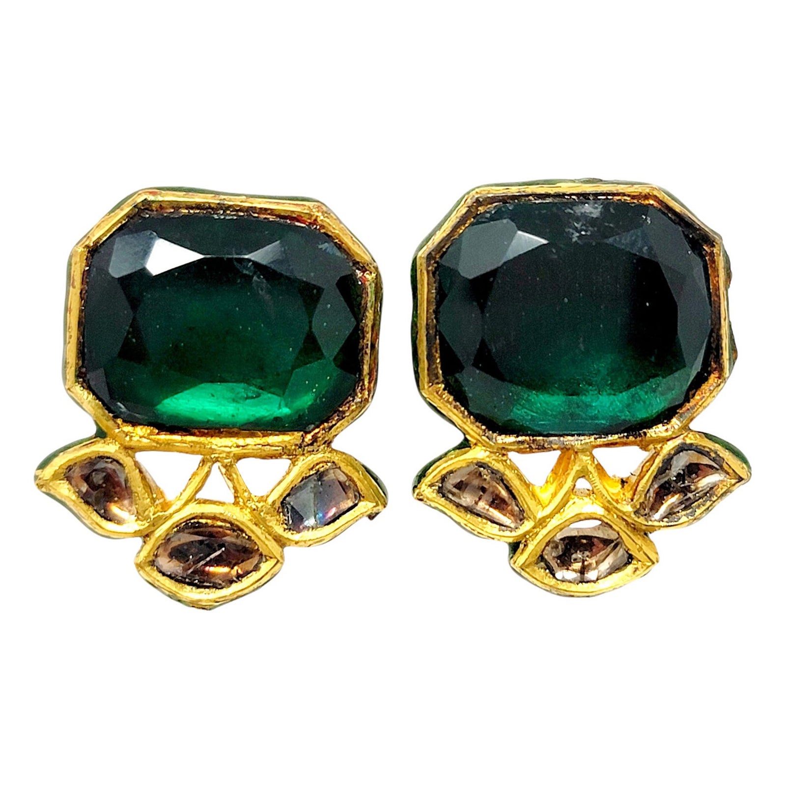 Vintage Uncut Diamond and Green Glass Earrings in 18 Karat Gold with Enamel For Sale