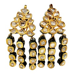 Antique Rose Cut Diamond Chandelier Dangle Earrings 18 Karat Gold and Enamel