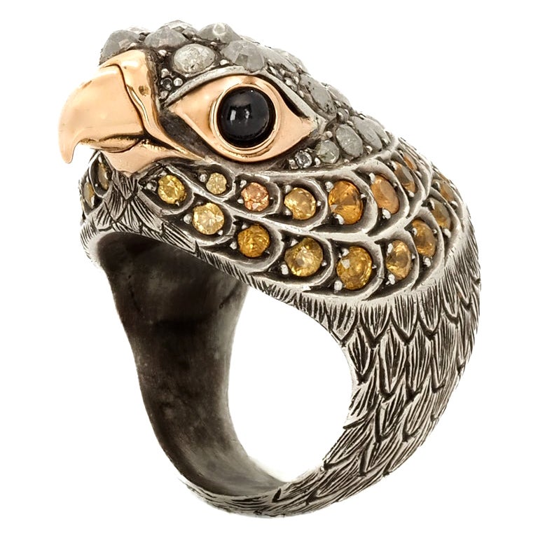 Taru Jewelry Falcon Diamond Sapphire Rose Gold and Silver Ring For Sale