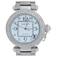 Cartier Pasha Ladies Stainless Steel Watch with Baby Blue Diamond Dial & Bezel