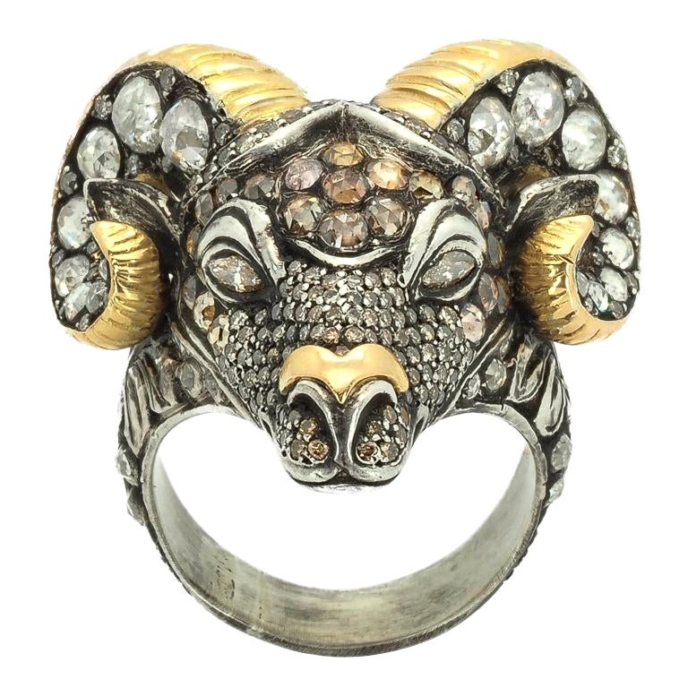 Taru Jewelry Ram Diamond Yellow Gold and Silver Ring For Sale