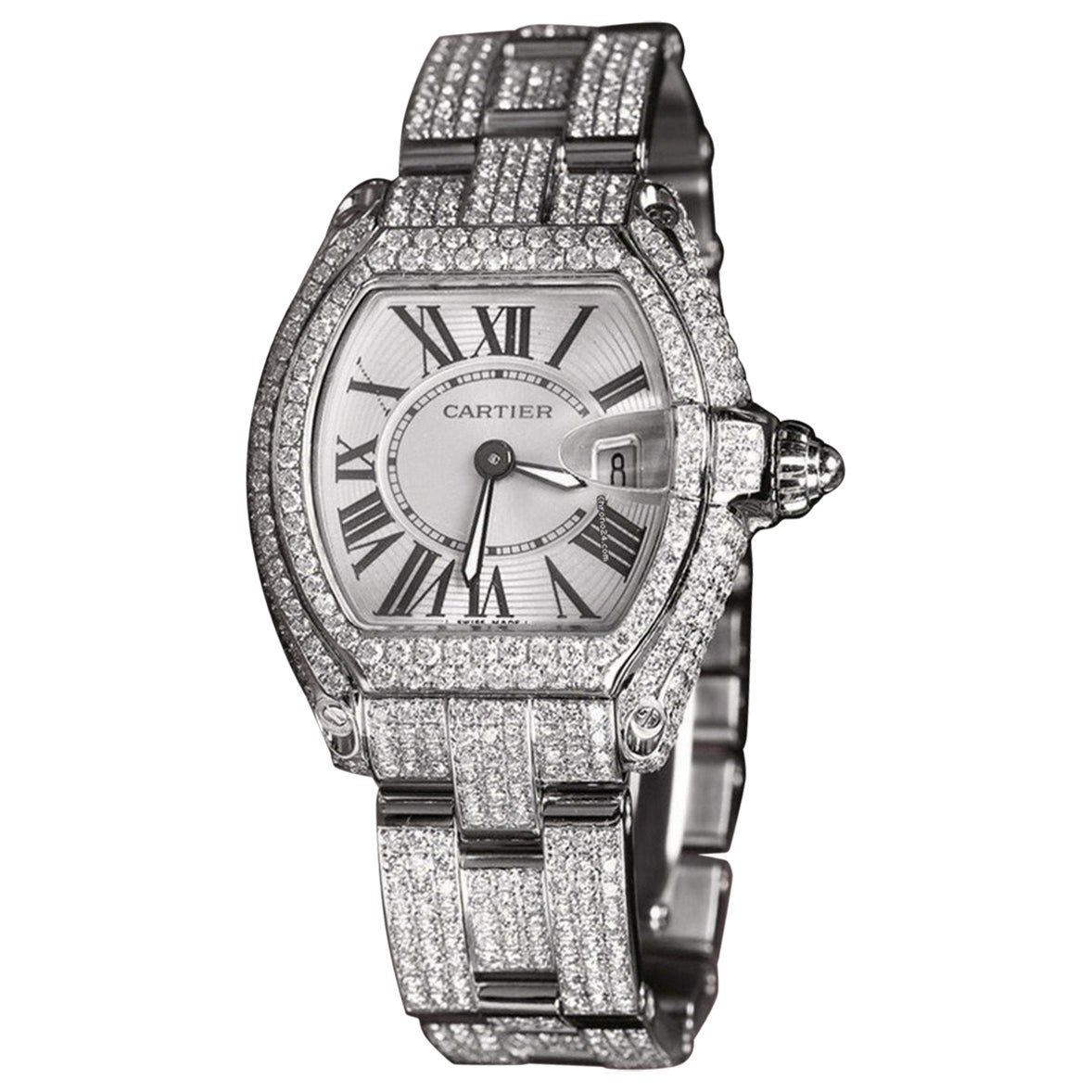 Cartier Roadster W62016V3 Ladies Custom Diamond Stainless Steel Watch For Sale