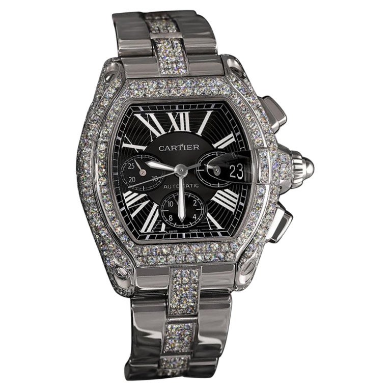 Cartier Roadster XL Chrono Stainless Steel Diamond Watch Black Dial W62020X6 For Sale