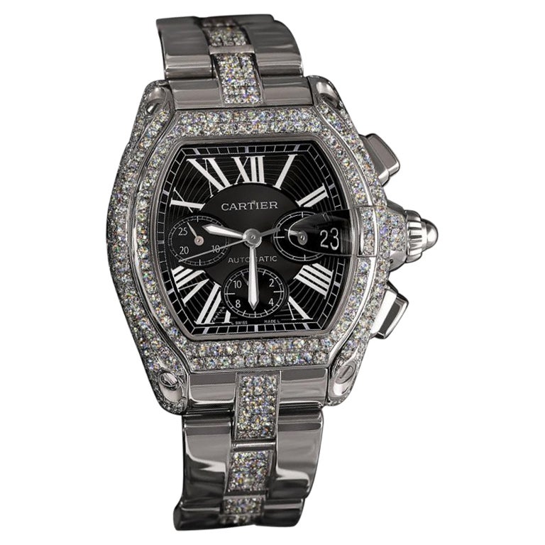 Cartier Montre Roadster XL Chrono en acier inoxydable avec cadran noir et diamants W62020X6