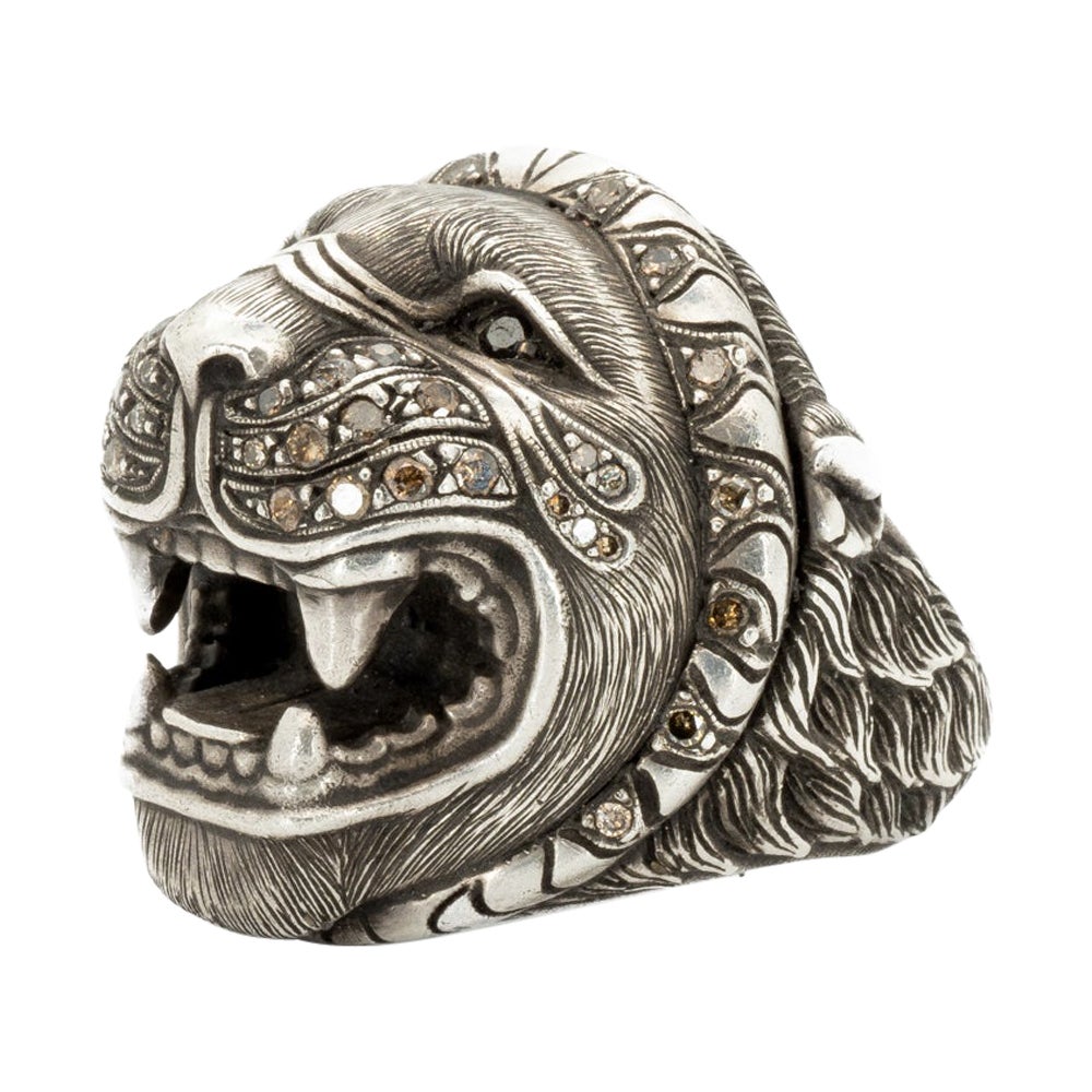 Taru Jewelry Lion Diamond Silver Ring For Sale