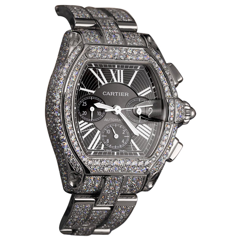 Cartier Roadster Xl W62020x6 Black Dial Stainless Steel Fully Iced Out Watch For Sale