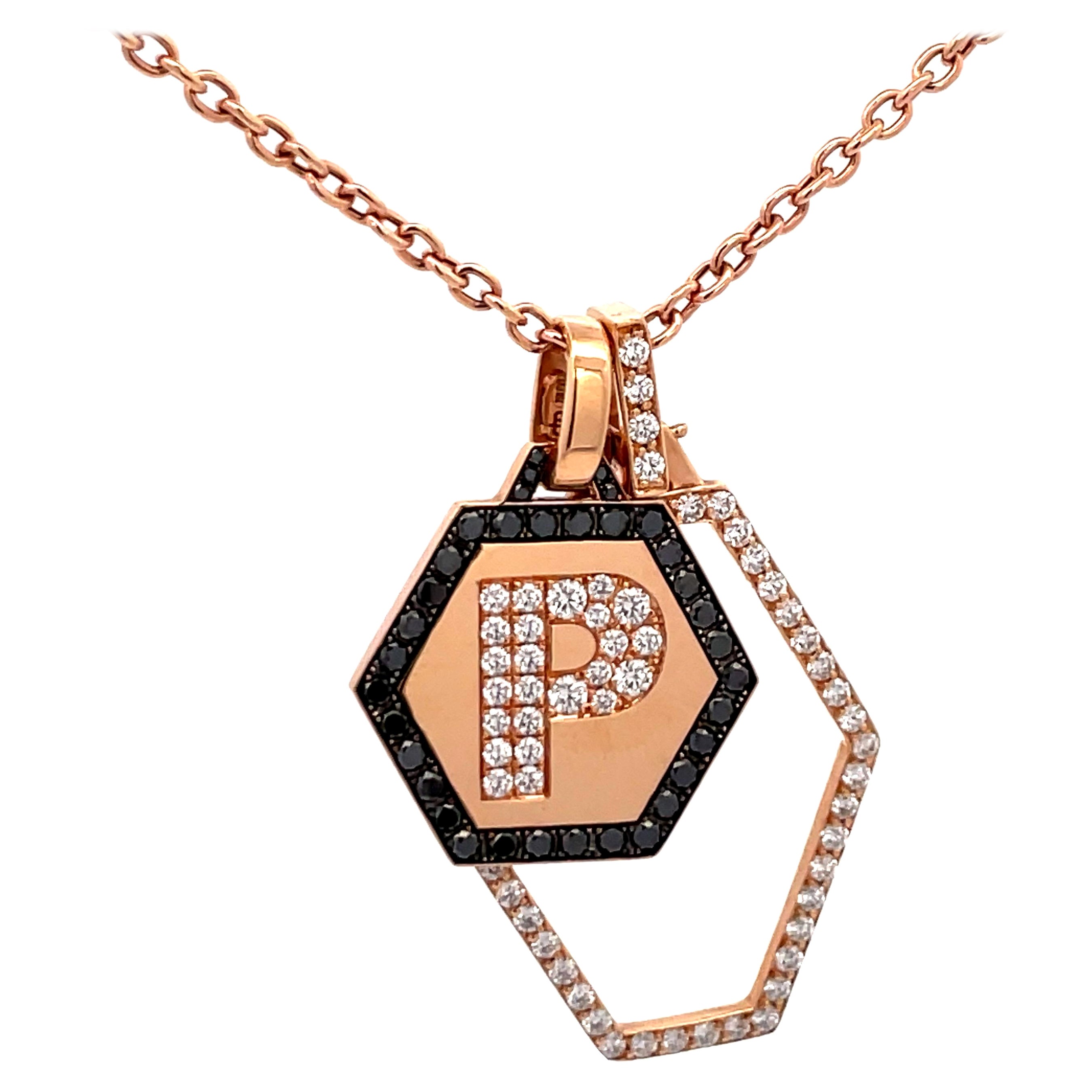 Italian 18 Karat Pink Gold Initial White & Black Charm Necklace 1.70 Carats For Sale