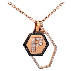 Italian 18 Karat Pink Gold Initial White & Black Charm Necklace 1.70 Carats