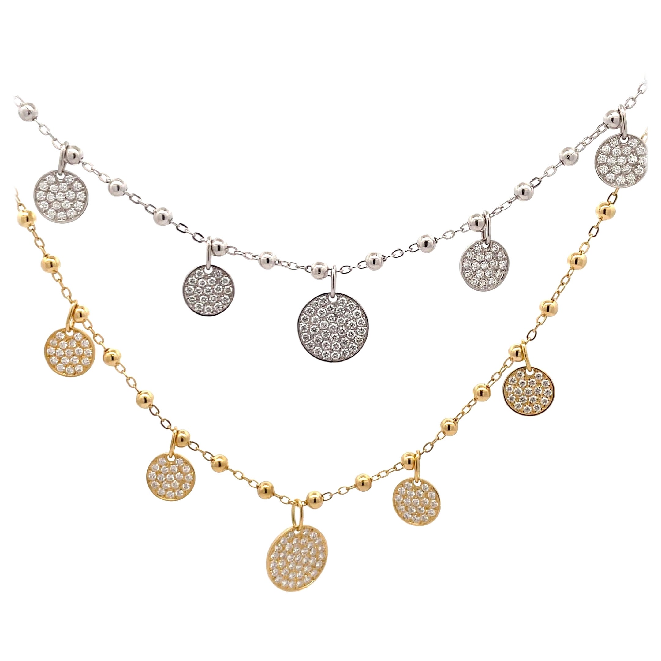 Italian 18 Karat White & Yellow Gold Diamond Disc Charm Necklace 1.12 Carats For Sale