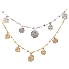 Italian 18 Karat White & Yellow Gold Diamond Disc Charm Necklace 1.12 Carats