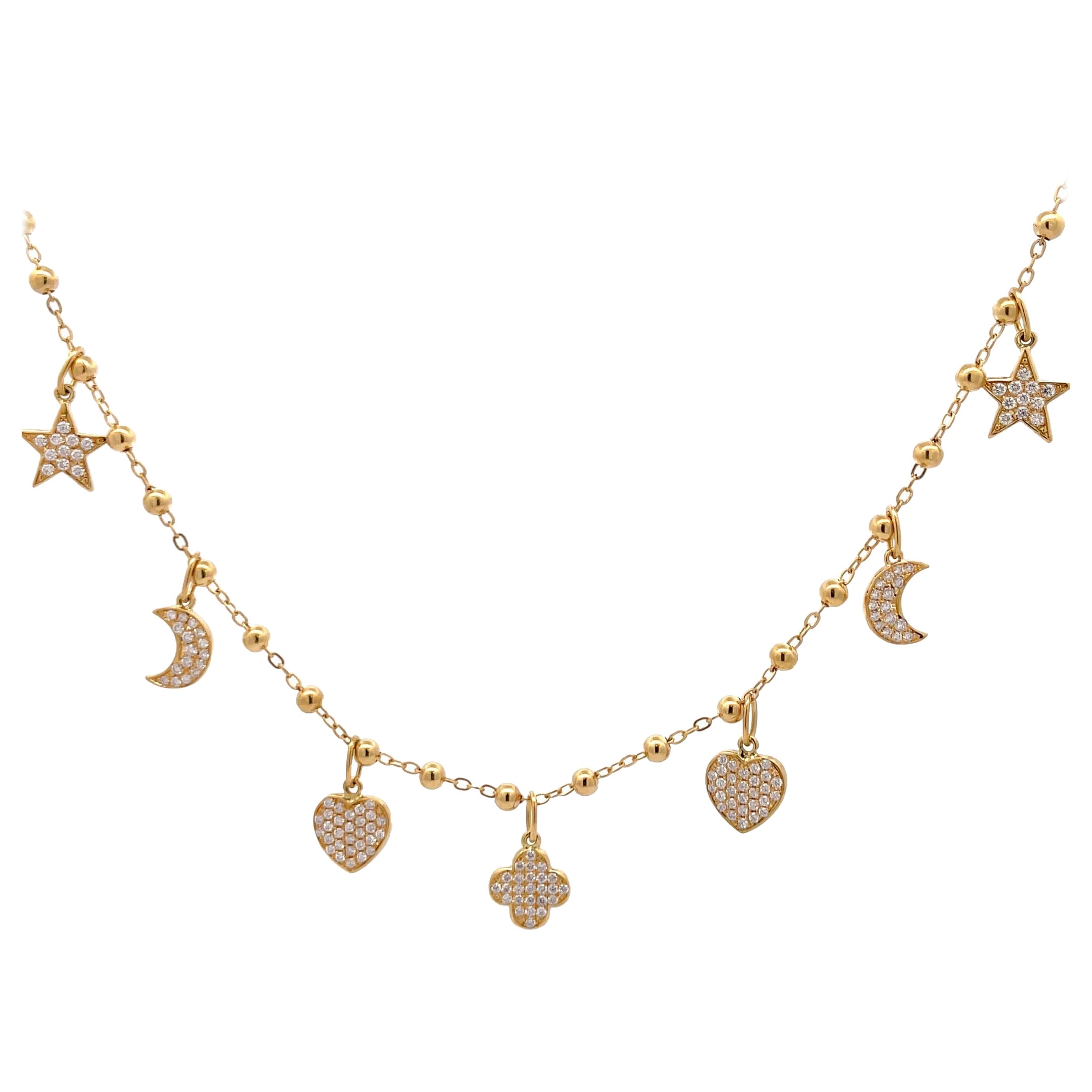 Italian 18 Karat Yellow Gold Diamond Charm Necklace Star Moon Heart Clover For Sale