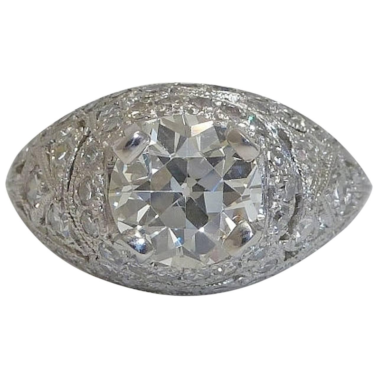 Hand Engraved 2.04 Carat EGL Cert Diamond Platinum Ring