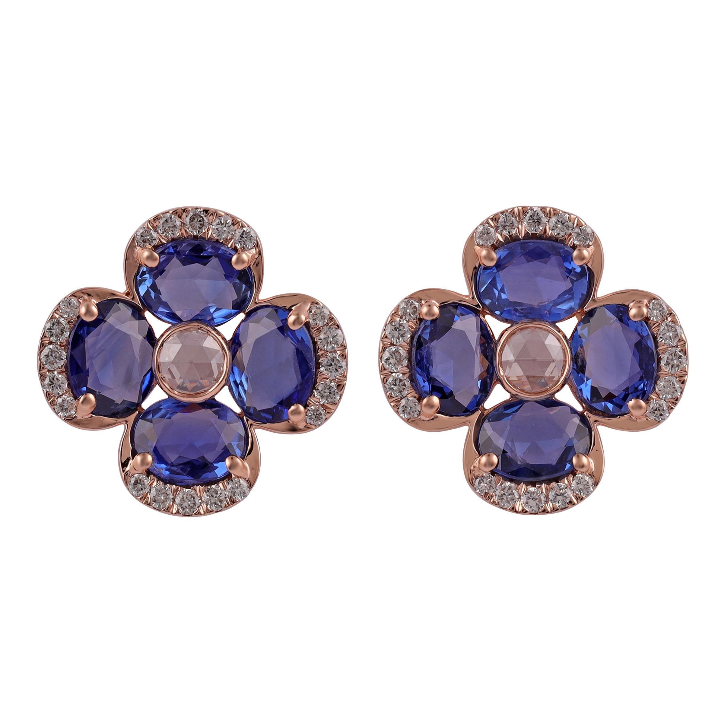 2.71 Carat Blue Sapphire, Rose cut & Round Diamond Earrings Studs (boucles d'oreilles saphir bleu, taille rose et diamant rond). en vente