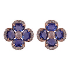 2.71 Carat Blue Sapphire, Rose cut & Round Diamond Earrings Studs (boucles d'oreilles saphir bleu, taille rose et diamant rond).