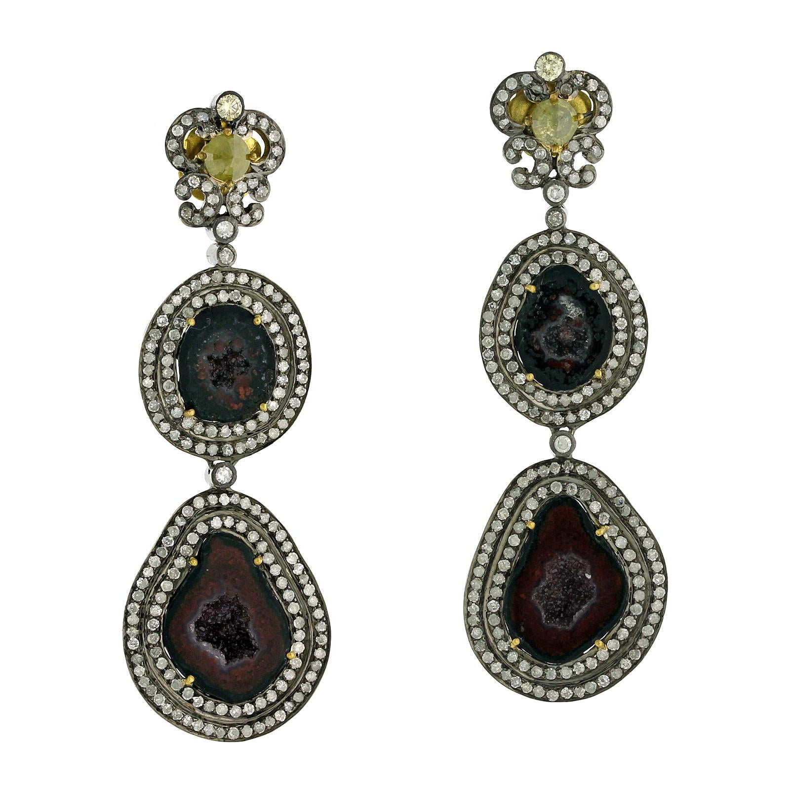 Sliced Geode Earrings With Pave & Ice Diamonds Made In 18k Gold & Silver For Sale