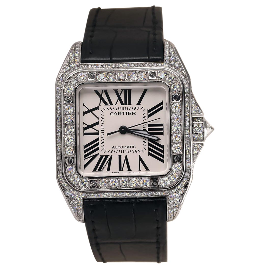 Cartier Santos 100 Stainless Steel Iced Out Watch W20073X8 For Sale