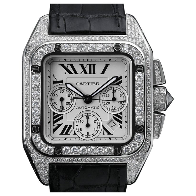 Cartier Santos 100 XL Chronograph Stainless Steel Iced Out Watch W20090X8 For Sale