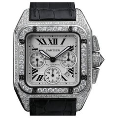 Cartier Santos 100 XL Chronograph Stainless Steel Iced Out Watch W20090X8