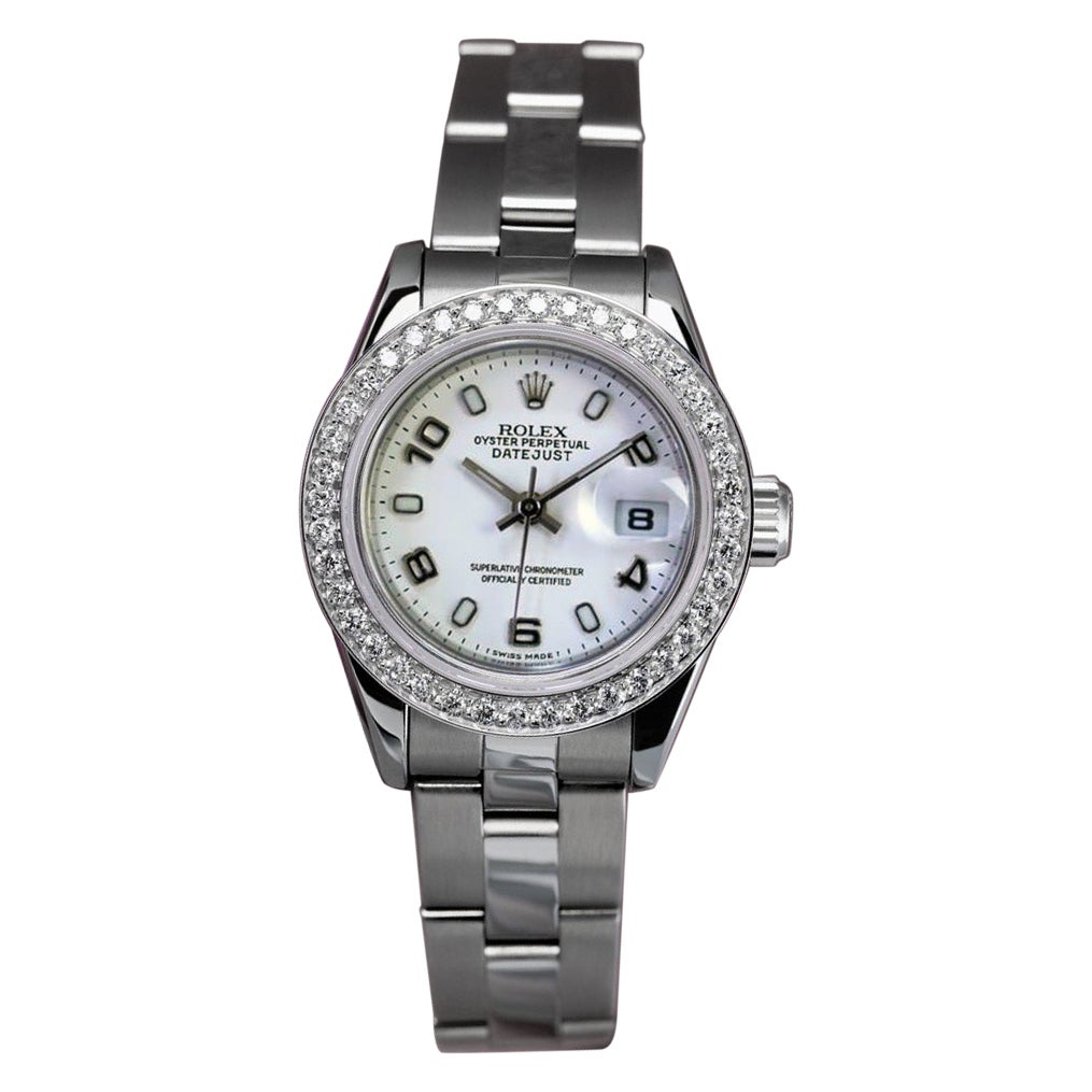 Rolex Datejust SS Oyster Bracelet & Diamond Bezel White Arabic Dial Watch 69160 For Sale