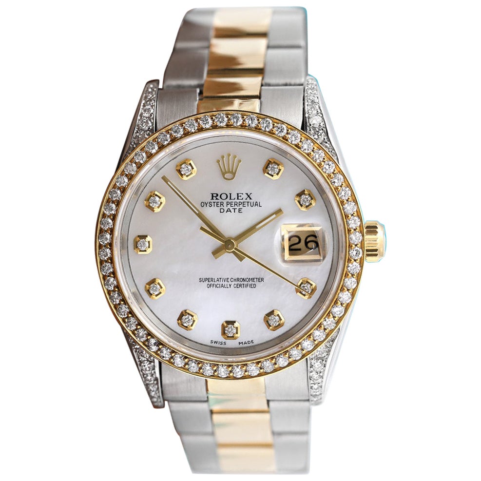 Rolex Two Tone White Mother of Pearl Dial with Diamond Accent Bezel Watch 15053 For Sale