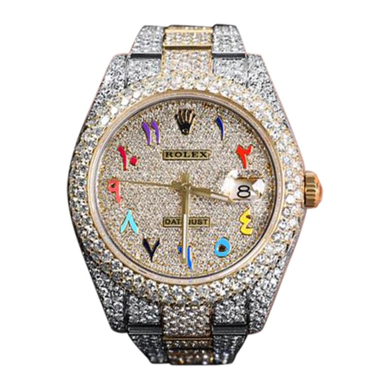 Rolex DJ 41 Montre à cadran en or bicolore avec écriture arabe arc-en-ciel pavé de diamants, sur mesure