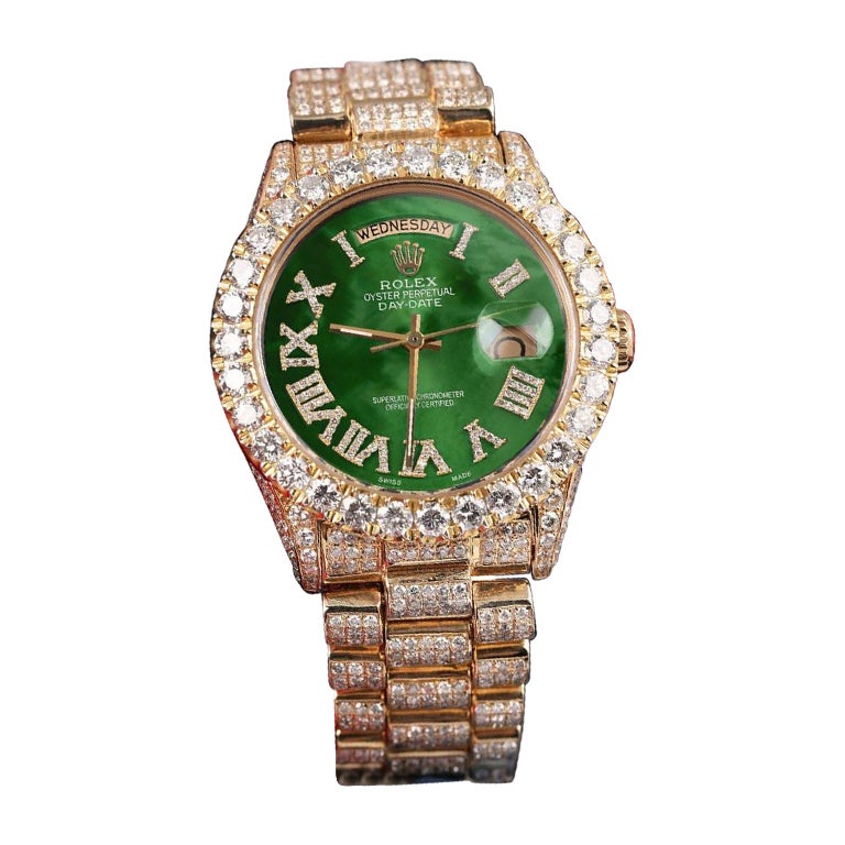 Rolex Diamond Day Date with Green Pearl Dial Roman Numerals Watch For Sale