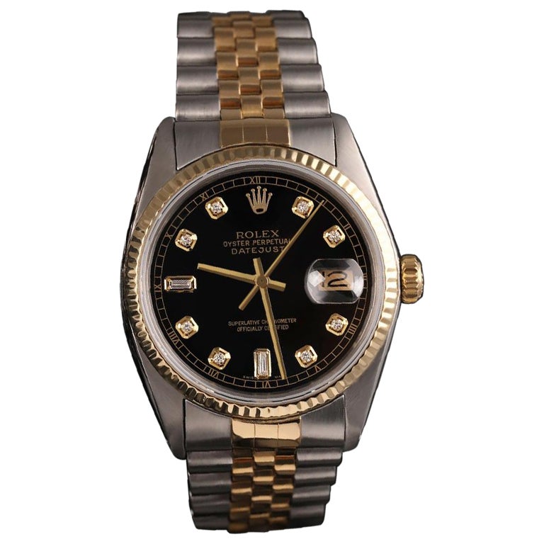 Rolex Datejust Two Tone Black Color Dial with 8 + 2 Diamond Accent 68273 For Sale
