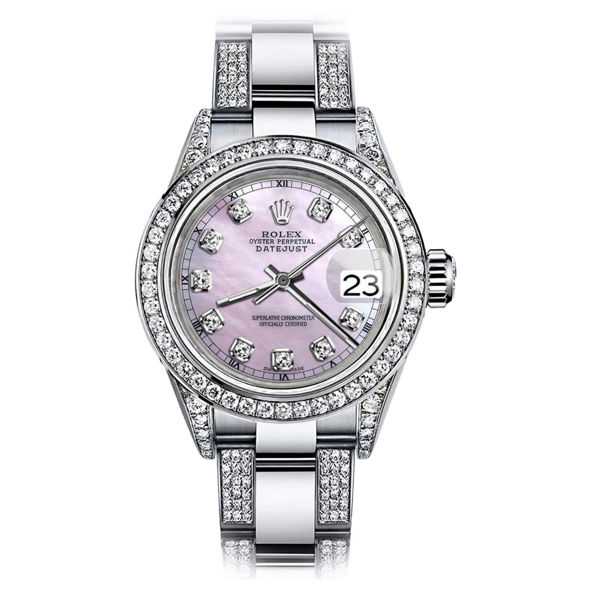 Rolex Pink Pearl Track Datejust S/S Oyster Perpetual Diamond Side Watch 68274 For Sale