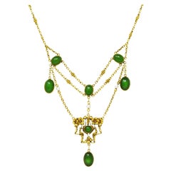 Art Nouveau Nephrite Jade Pearl 14 Karat Gold Floral Swag Antique Necklace