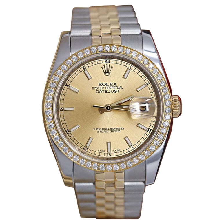 Rolex Datejust Champagne Index Dial with Diamond Bezel Two Tone Watch For Sale