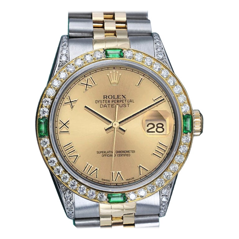 Rolex Datejust Champagne Roman Dial Emerald & Diamond Bezel Two Tone Watch For Sale