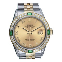 Vintage Rolex Datejust Champagne Roman Dial Emerald & Diamond Bezel Two Tone Watch