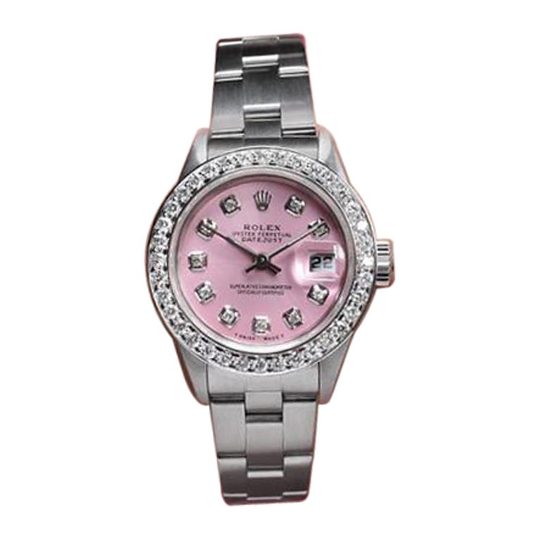 Rolex Baby Light Matte Pink Datejust SS Oyster Bracelet Diamond Bezel Watch